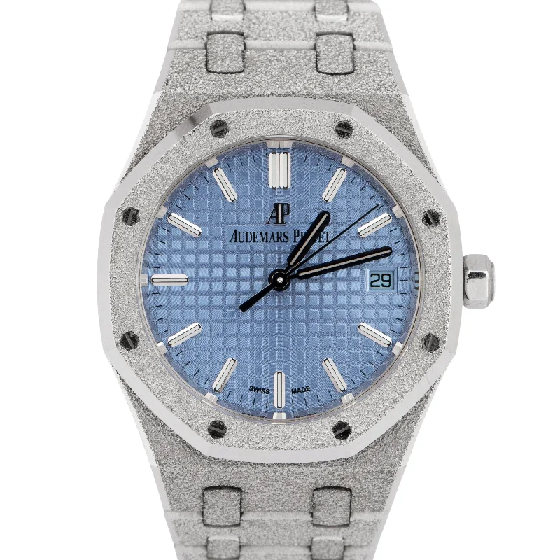 PAPERS Audemars Piguet Royal Oak BLUE FROSTED Gold 34mm 77353BC.GG.1263BC.01 BOX