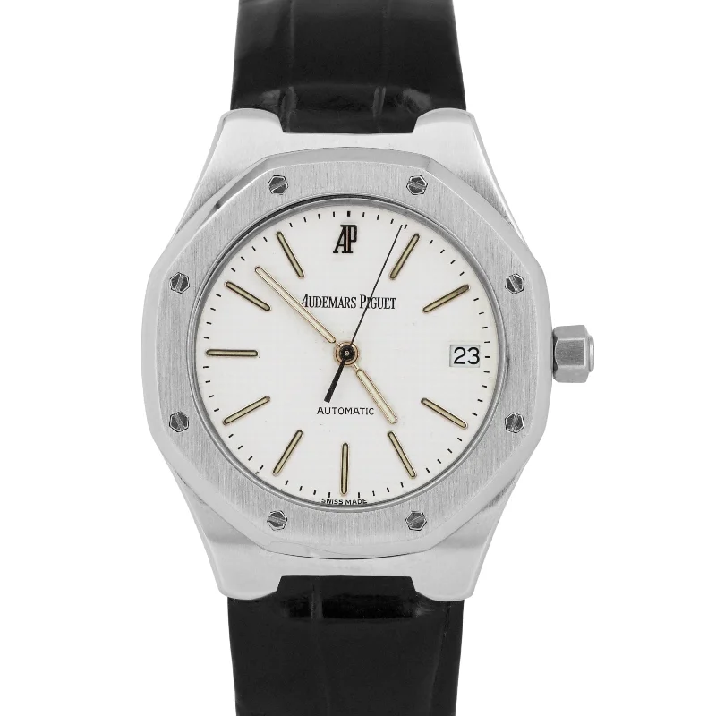 Audemars Piguet Royal Oak White Black Leather 36mm Automatic Date Watch 14800ST